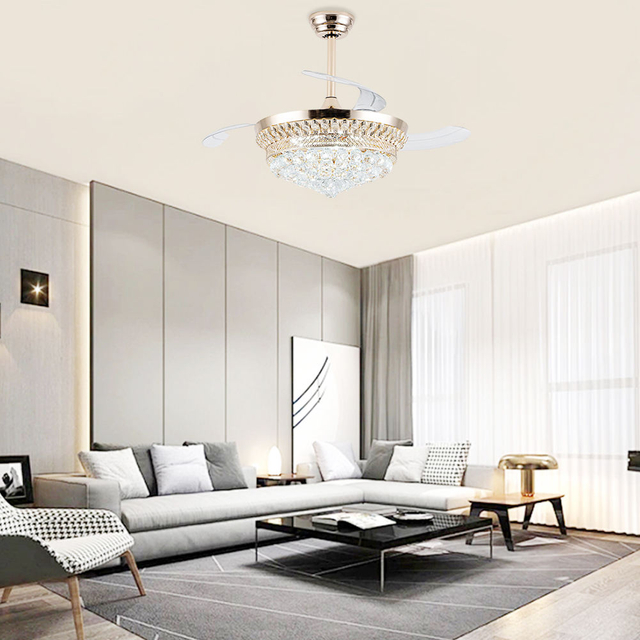 42-Inch Modern Crystal Led Ceiling Fan Lighting Remote Gold Led Crystal Fan Light Invisible Retractable Chandelier Fan Indoor